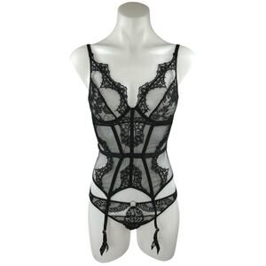 Aubade Black Lace Floral Sleeveless Garter Corset Bustier Lingerie Top Size 34
